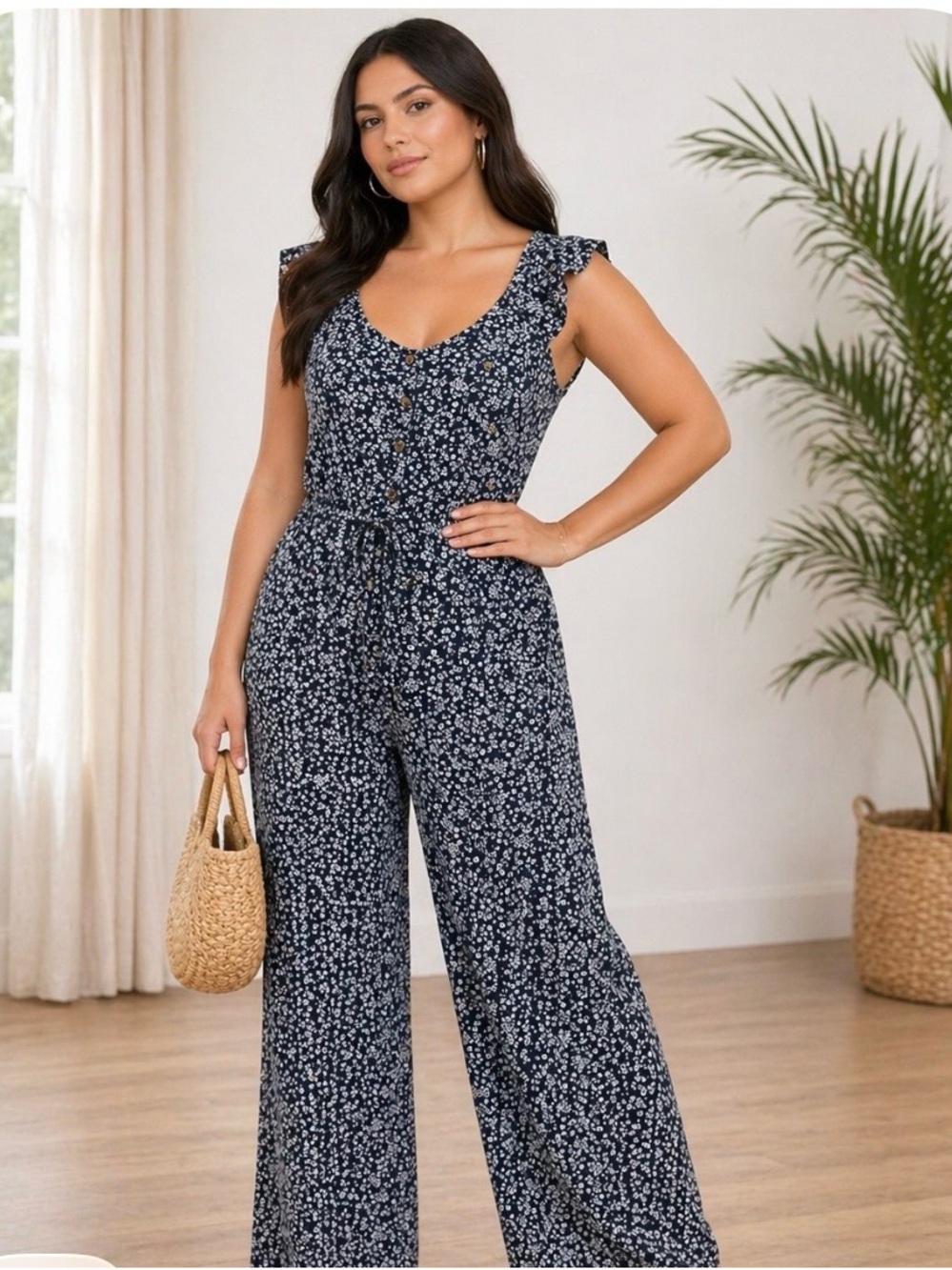No Boundaries Navy Floral Button-Front Wide-Leg Jumpsuit